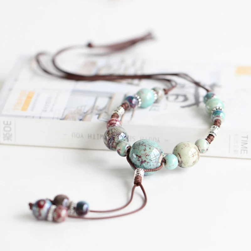 

Miage Ethnic Vintage Handmade China Ceramic Ancient Silver Color Beads Pendant Necklace Women Folk-Custom Ethnic Rope Jewelry