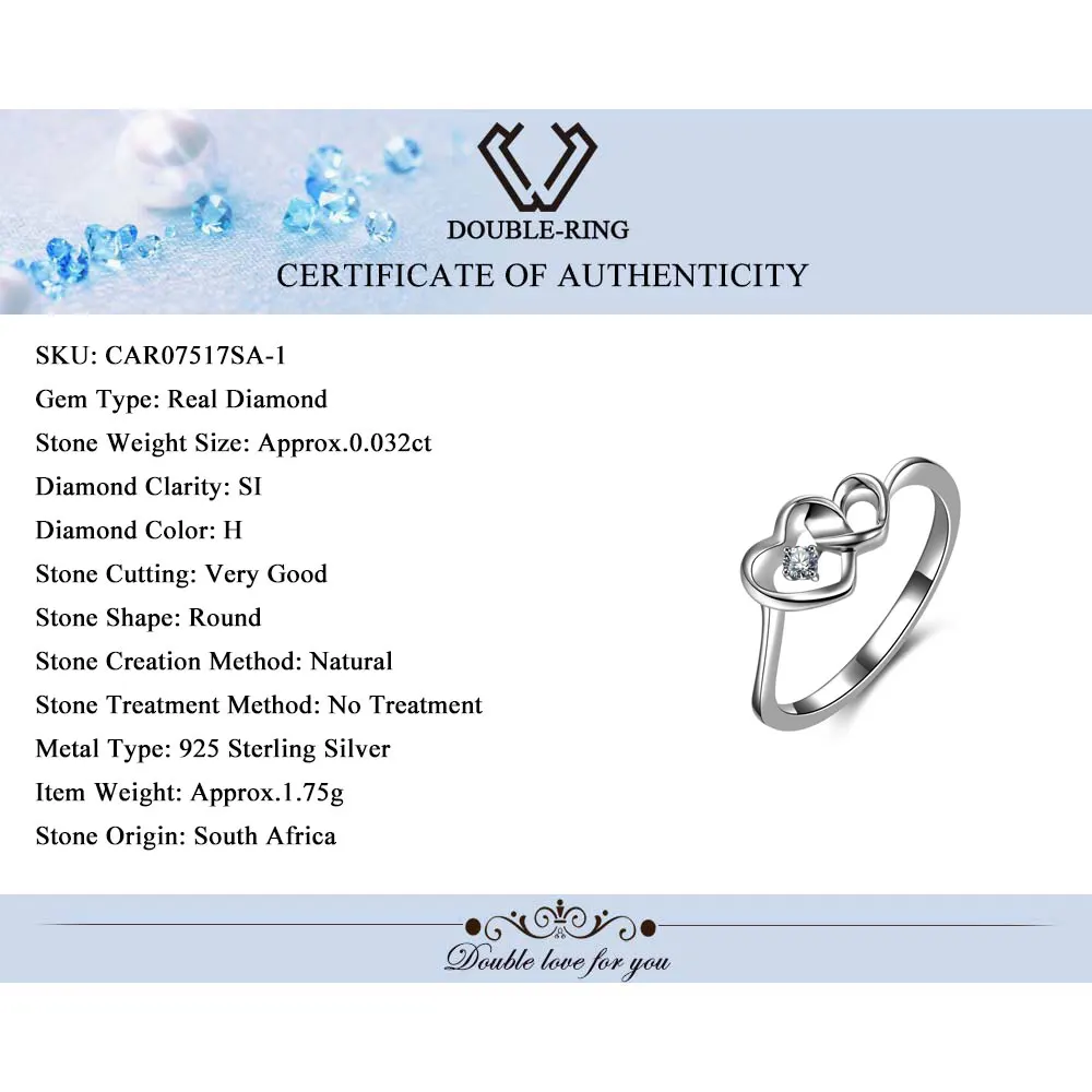 DOUBLE-R Natural Diamond Rings Female 925 Sterling Silver Heart Engagement Rings Real Diamond Jewelry Lover Valentine's Gift