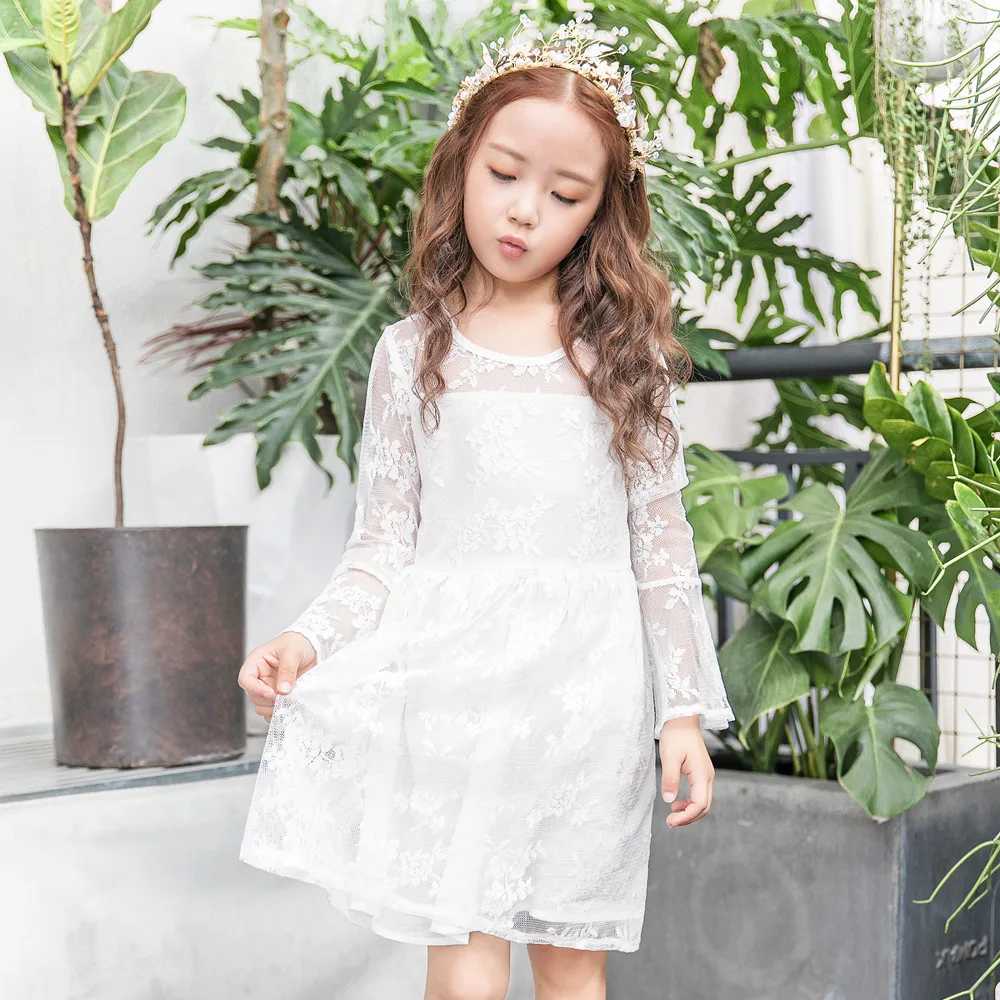 Princess Dress White A-line Lace Knee-length Girls Dress Cute Flare Sleeve O-neck Floral Long Sleeve Fashion Dresses for Girls Princess Dress White A-line Lace Knee-length Girls Dress Cute Flare Sleeve O-neck Floral Long Sleeve Fashion Dresses for Girls
