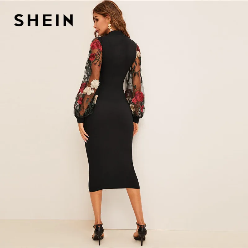 SHEIN Длинное Платье С Сетчатым Рукавом И Цветочной Вышивкой, Элегантное Миди Платье С Прозрачными Рукавами