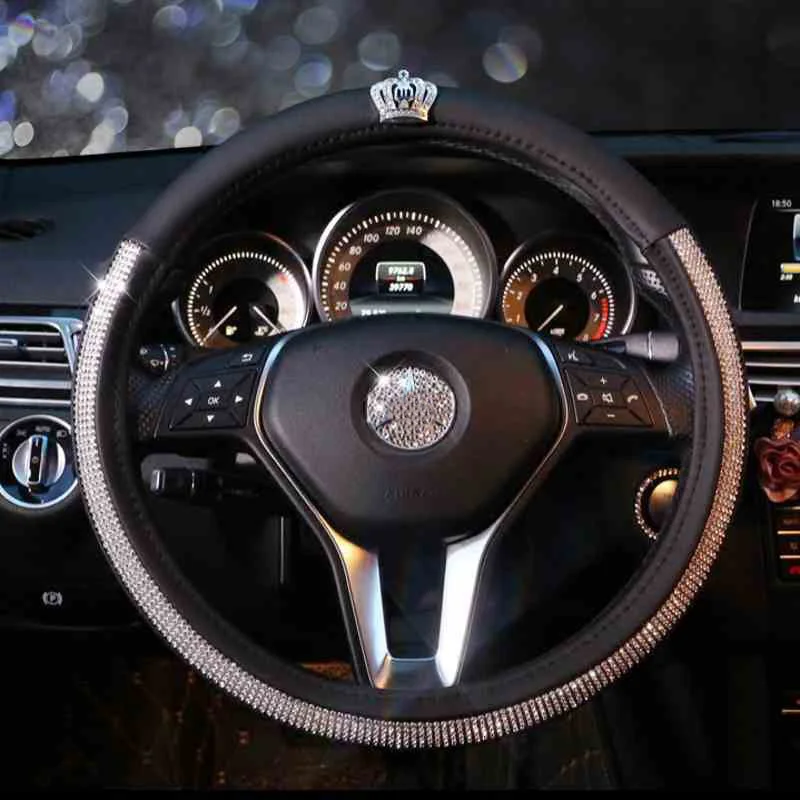 

Fashion Diamond Crown Crystal Car Steering Wheel Cover Leather Rhinestone Covered Steering-Wheel Covers Women Girls Accessories