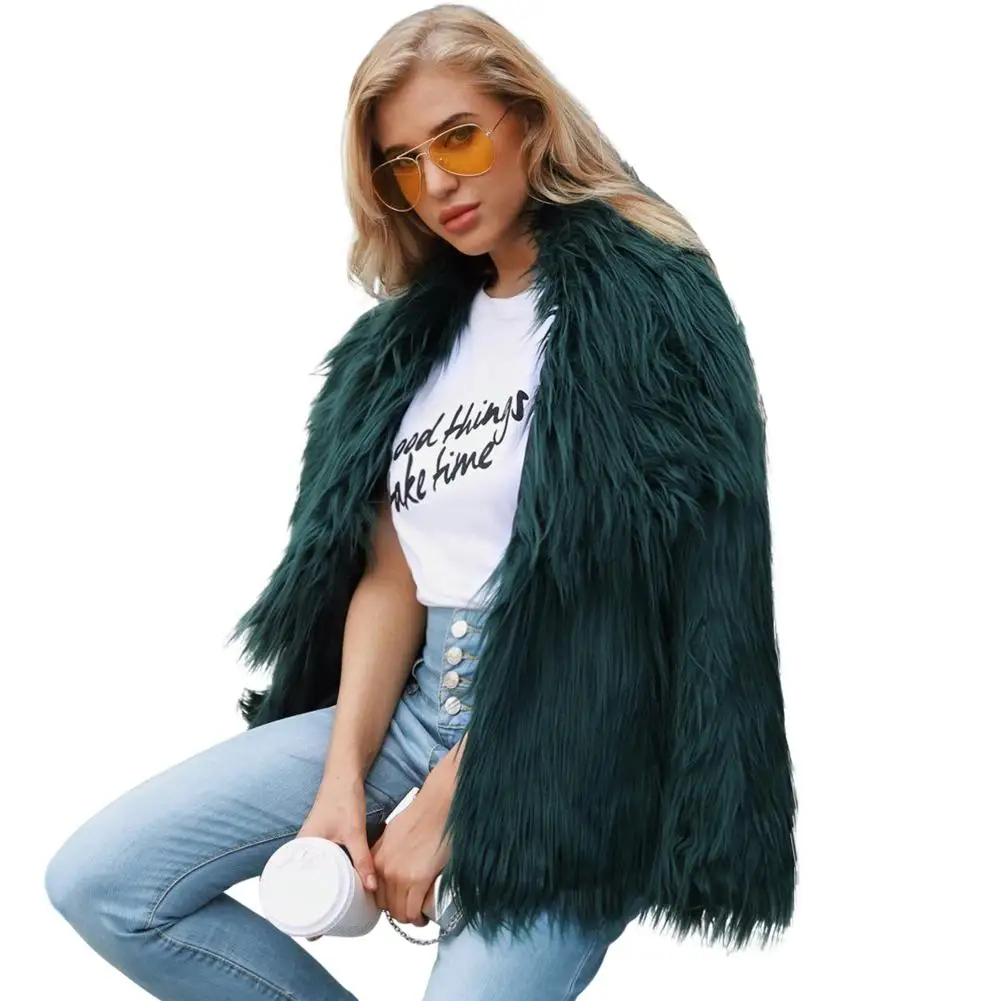 Faux Fur Coat Women Fluffy Warm Long Sleeve Female Outerwear Autumn Winter Coat Jacket Hairy Collarless Overcoat Blusa S3