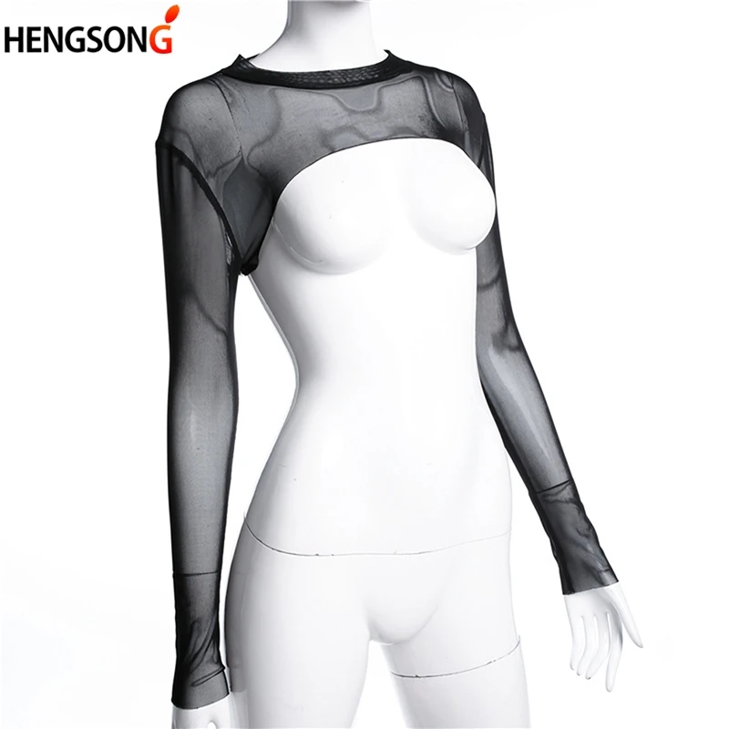 

O Neck Long Sleeve chiffon Sheer Black Transparent shirt Female Tops Summer Sexy Women Tops See Through Short blouses Mesh