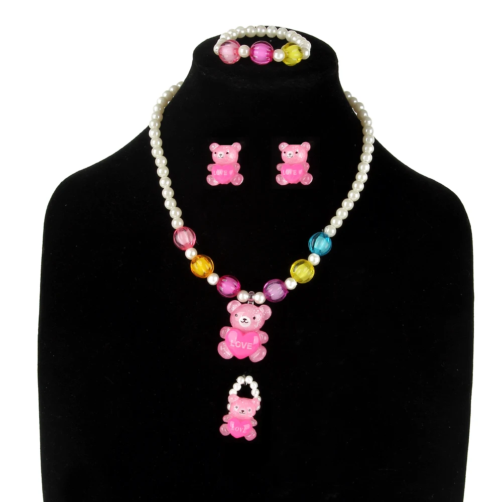 Qibei модные смолы с медвежонком для девочек Цепочки и ожерелья, браслет, кольцо на палец, комплект украшений для детей Детские аксессуары для волос ручной работы
