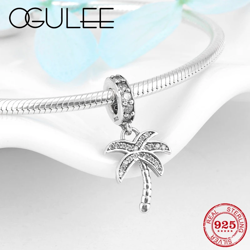 

2019 Summer Cool Coconut tree pendants charms diy 925 Sterling Silver CZ beads Fit Original Pandora Bracelet Jewelry making