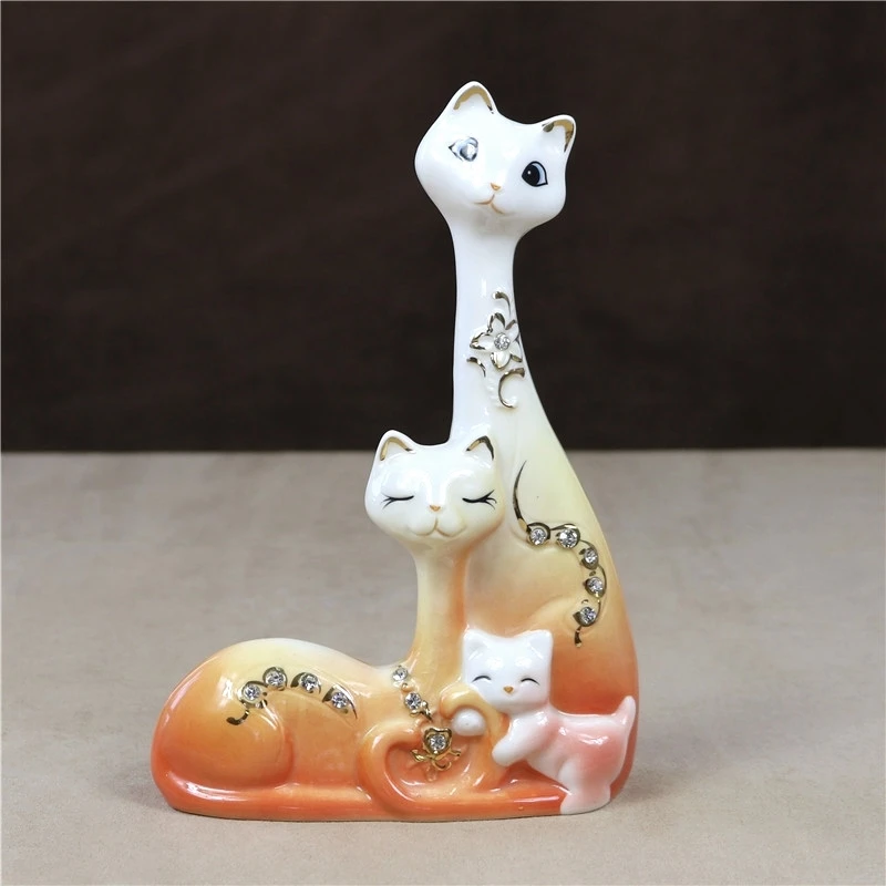 

Porcelain Cat Couple Sculpture Rhinestone Ceramic Family Kitty Statue Decor Birthday Gift for Parents Ornament Craft Accessories