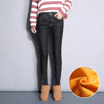 

Nonis Winter Thick Warm Velvet Stretch Women Jeans Female Embroidery Casual Pencil Pants Skinny Elastic Trousers Plus Size