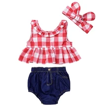 2018 Infant Kids Baby Girls Tops Sleeveless Plaid T-Shirts Jeans Shorts Headband Kids Clothing Outfits Clothes Sets