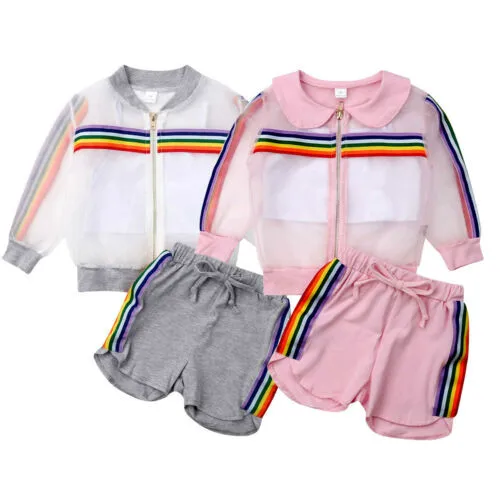 

Toddler Kids Baby Girl Summer UV Sunsuit Striped Jacket Coat+Vest+Pants Shorts Chidlren Kids Outfit 3Pcs Clothes Outfits Set