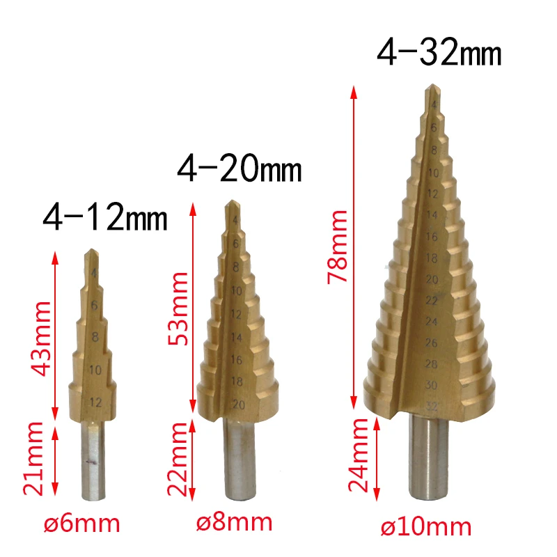 4-12mm-4-20mm-4-32mm-HSS-4241-Steel-Large-Step-Cone-Titanium-Coated-Metal-Drill