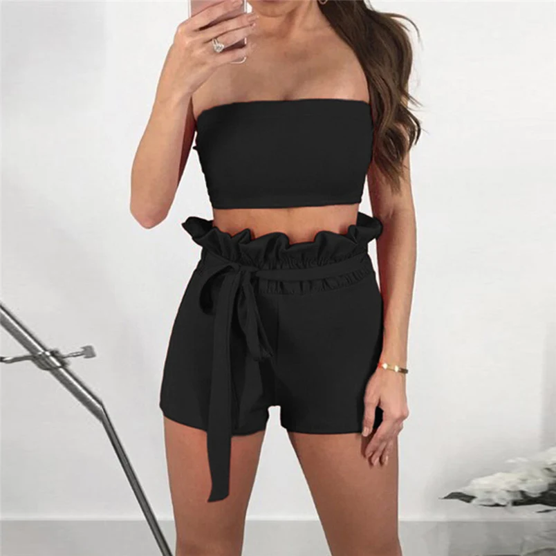 Sexy Women Summer New Brand Sets Solid Off The Shoulder Sleeveless Beach Hot Sale Vest Blouse + Shorts Two-Piece Outfit #J25 (7)