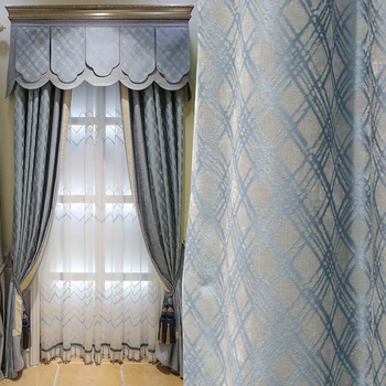 

Custom curtains High quality simple modern luxury square pattern striped grey cloth blackout curtain tulle valance drapes N461