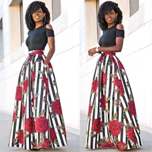 2019 Summer Women Two Pieces Set Casual Women Rose Print Long Skirt + Short Sleeve Black Top Set Fashion Beach Women Sets