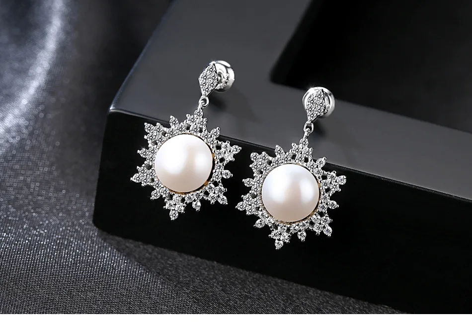 

S925 Sterling Silver Snowflake Earrings Natural Freshwater Pearl Earrings PN01