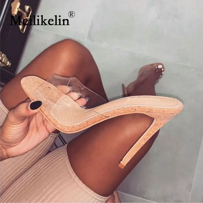 

2019 Transparent PVC slip-on shoes open toed Gladiator sandals women stilettos high heels summer thin heel Retro slippers shoes