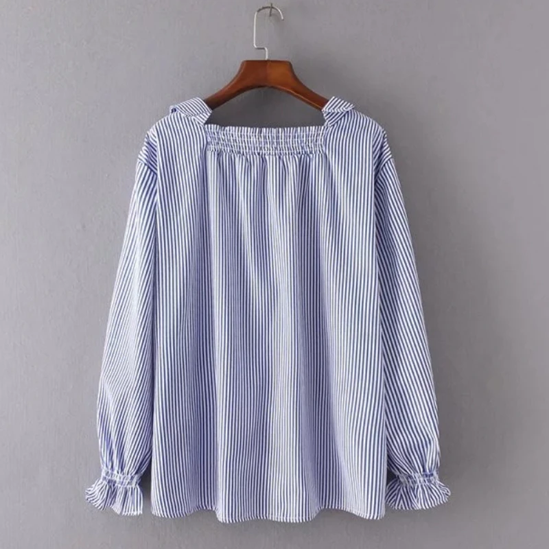 Женская блузка в полоску с цветочной вышивкой и длинным рукавом|blusas fashion|blouse