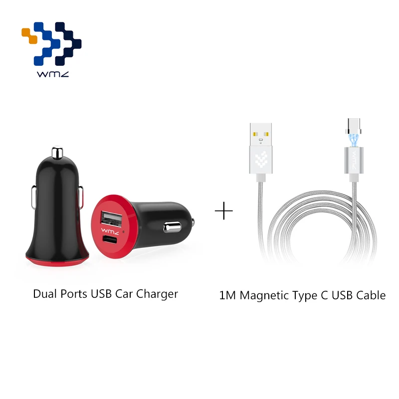 

WMZ Car Charger Dual Ports USB 2.0 & USB 3.1 Type-C Interface Car Charger+1M Magnetic Type C Cable For Xiaomi 4C One Plus 3 3T