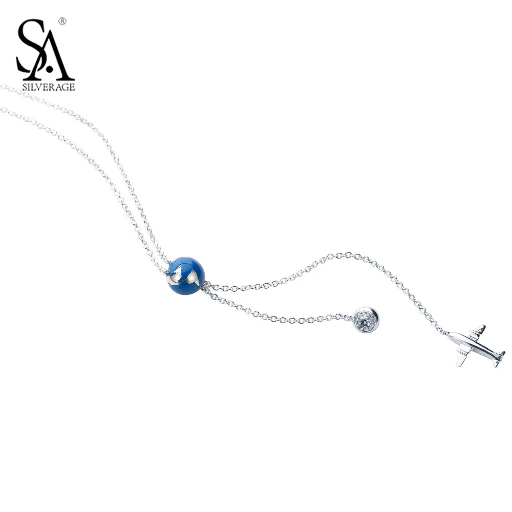 

SA SILVERAGE Silver Pendant Ball Airplane Necklace Long Genuine 925 Sterling Silver Sweater Nekcklace For Women Accessory