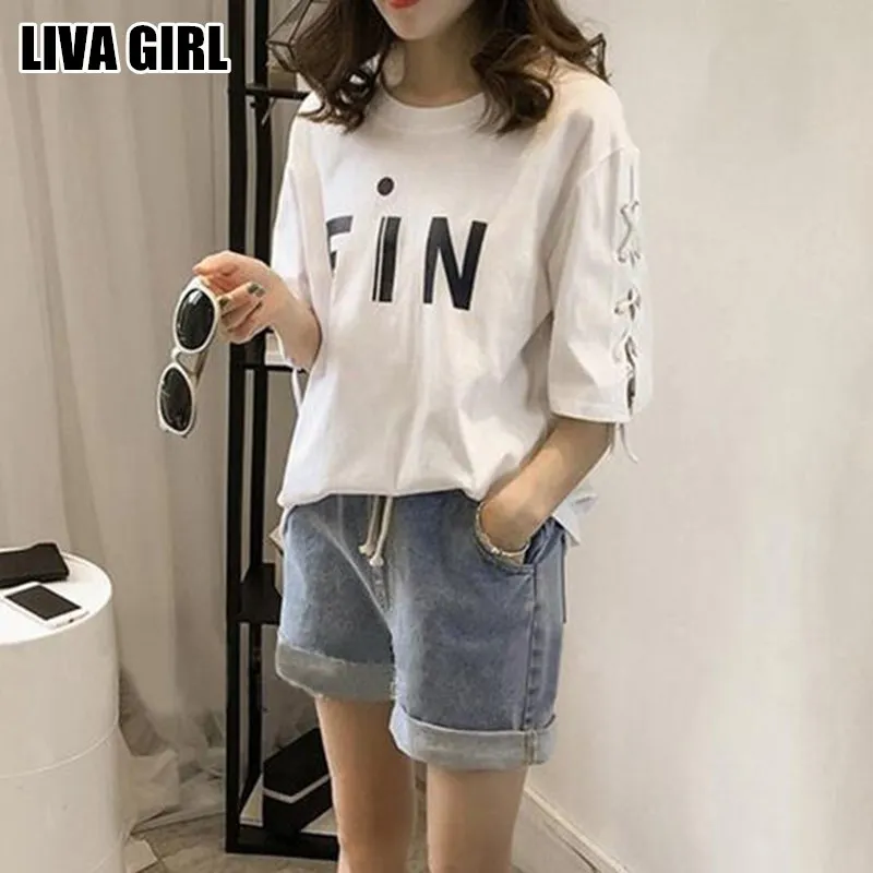 Liva Girl модный модный плавник буквы печатные футболки однотонные короткие футболки женская одежда свободная рубашка Топы Футболка Femme M-3XL