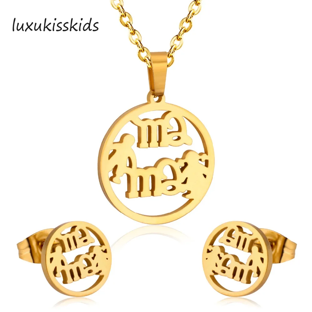 

LUXUKISSKIDS Stainless Steel Necklace Pendant+Earrings Sets MAMA Boy Girl Jewelry Sets For Mother's Day Gift