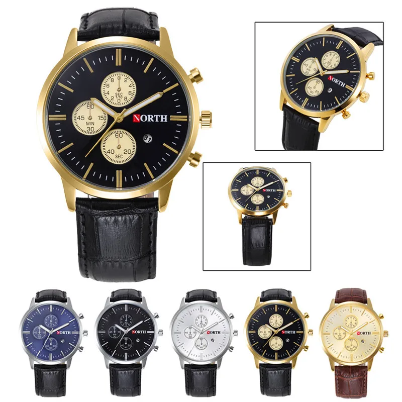 

2017NORTH Hot Luxury Mens Leather Black Band Analog Calendar Quartz Watchs Wrist Watch famous design reloj hombre With box smile