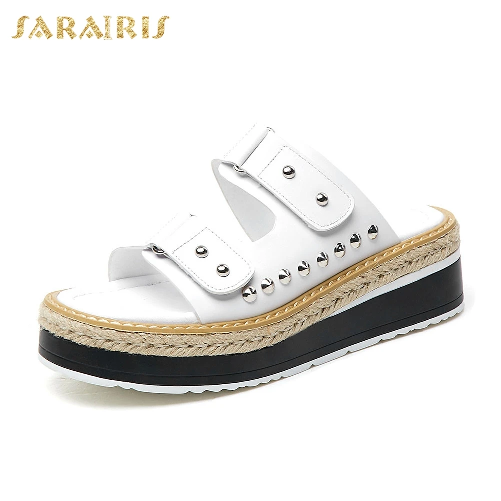 

Sarairis Brand New women's Genuine Leather Rivet Ladies Wedges High Heels Platform Shoes Woman Casual Soft Summer Slippers
