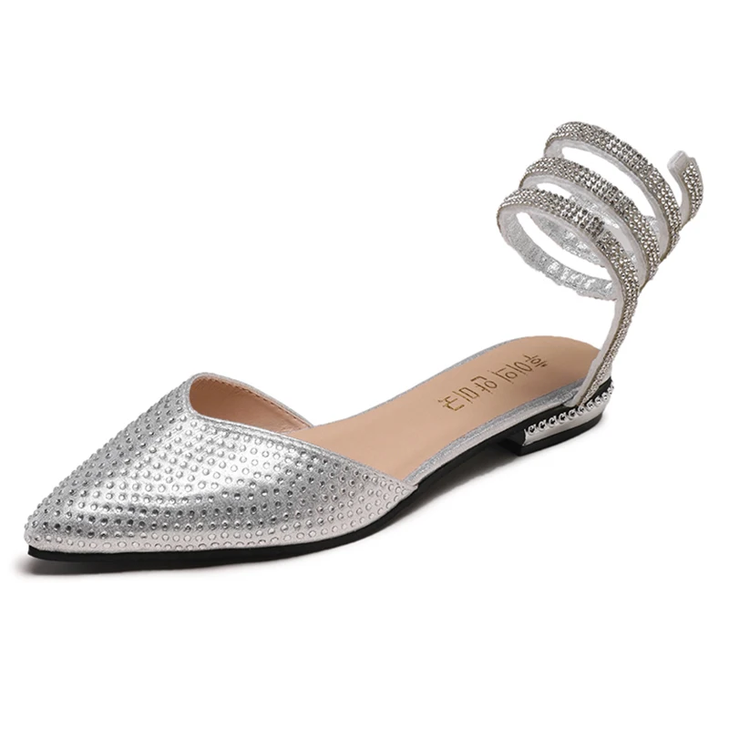 

2019 Brand Luxury Flat Mules Lady Sandals Crystal Silver Ankle Strap Pointed Toe Women Mules Outdoor Slipper Shoes Woman Slides