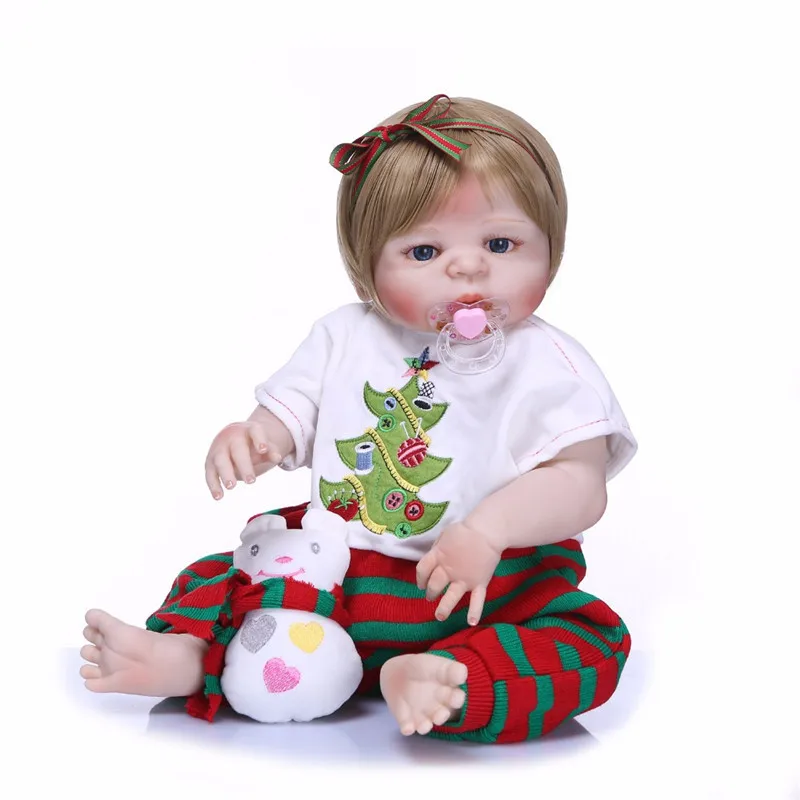 

NPK 55cm Handmade Bebe Reborn Dolls Realistic Full Silicone Vinyl Baby Dolls with Christmas Tree Pattern Playsuits Bath Toy