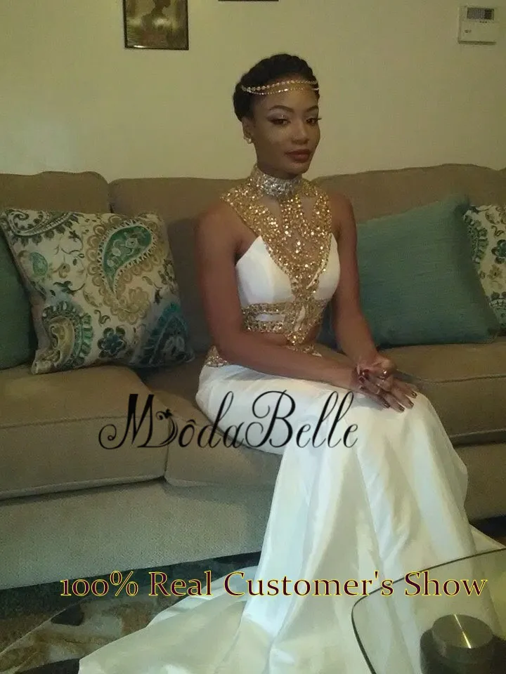 white and gold two piece prom dress