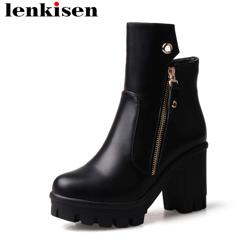 

Lenkisen pu high quality handmade pearl pu waterproof thick high heels round toe solid zip concise style women ankle boots L06