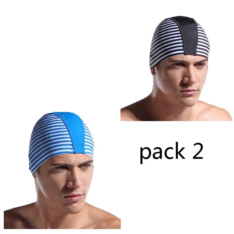 Шапочки для плавания для мужчин или женщин, тканевые шапочки для купания, спортивные Ультратонкие защитные шапки с ушками - Цвет: Black-Skyblue Stripe