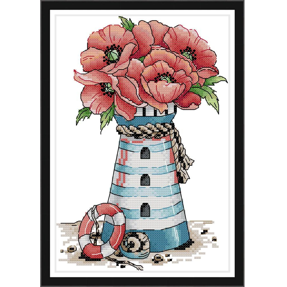 

NKF Flowers Lighthouse Counted Cross Stitch 11CT 14CT Cross Stitch Set Flower Embroidery Needlework Kit Home Decor