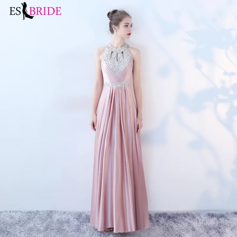 

Women Elegant Shiny Bead Piece Halter Collar Long Evening Dresses Formal Lace Fashion Party Evening Dresses Plus Size ES1437