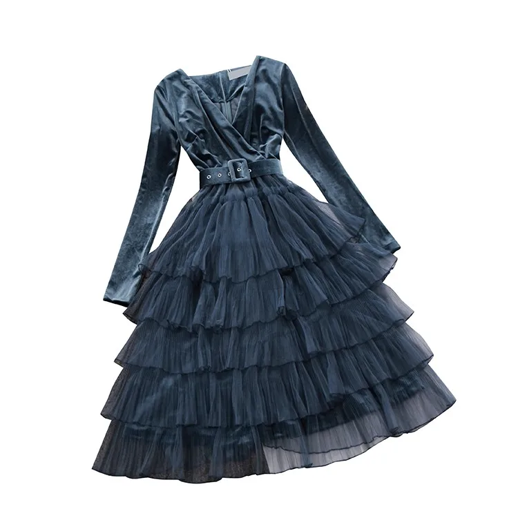 

2018 autumn winter new women V-neck velvet stitching mesh layer ball gown dress female long sleeve waist ruffles tiered dresses