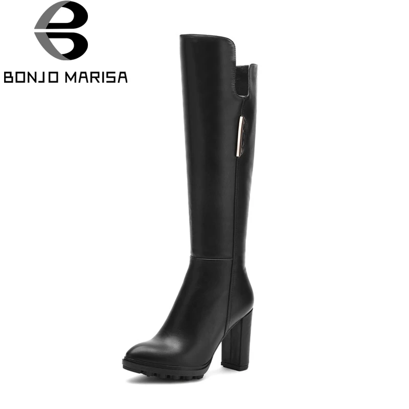 

BONJOMARISA Women's Square High Heels Pointed Toe Platform Shoes Woman Zipper Closure Autumn Spring Knee Boots Size 34-39