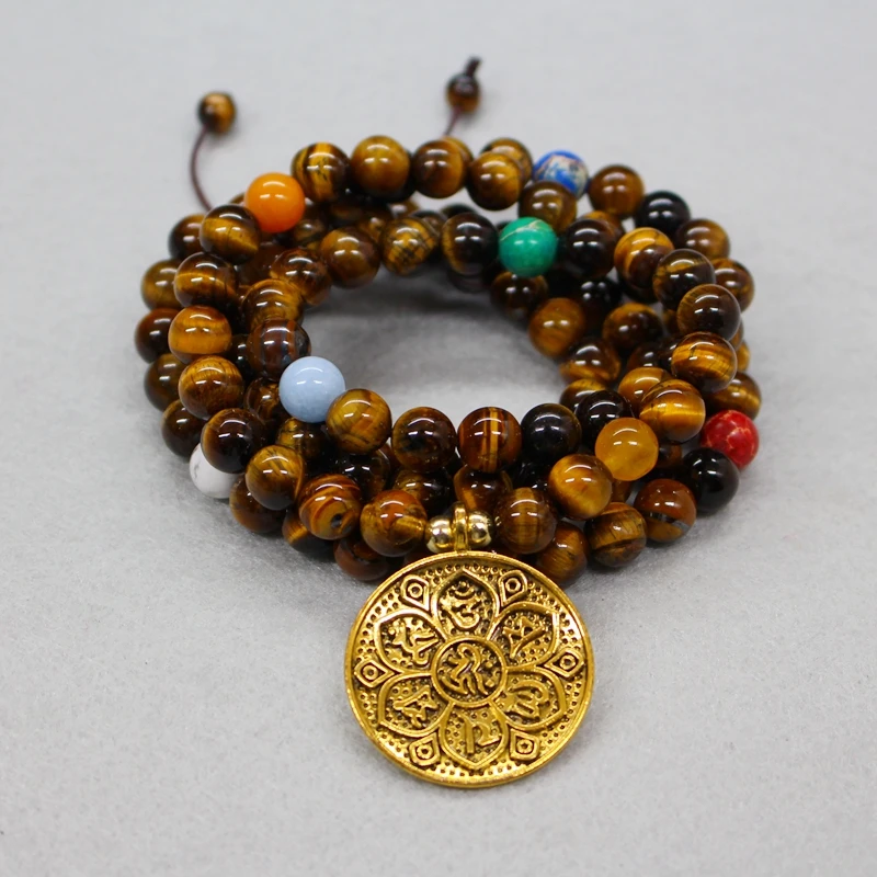 8mm Natural Beads, Eye Tigers, JapaMala, 8 Chakras Mala Beads, Lotus Necklace, 108 Beads Necklace