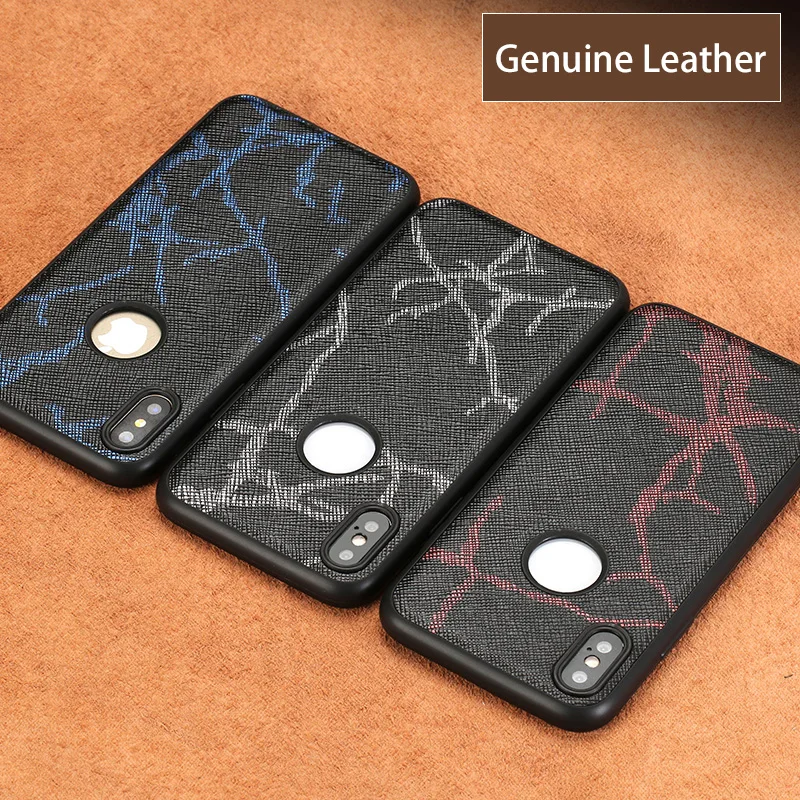

Wangcangli Genuine Leather Phone Case For iPhone X Line Texture Show logo Back Cover For iPhone 6 6S 7 8 Plus SE 5 5S shell