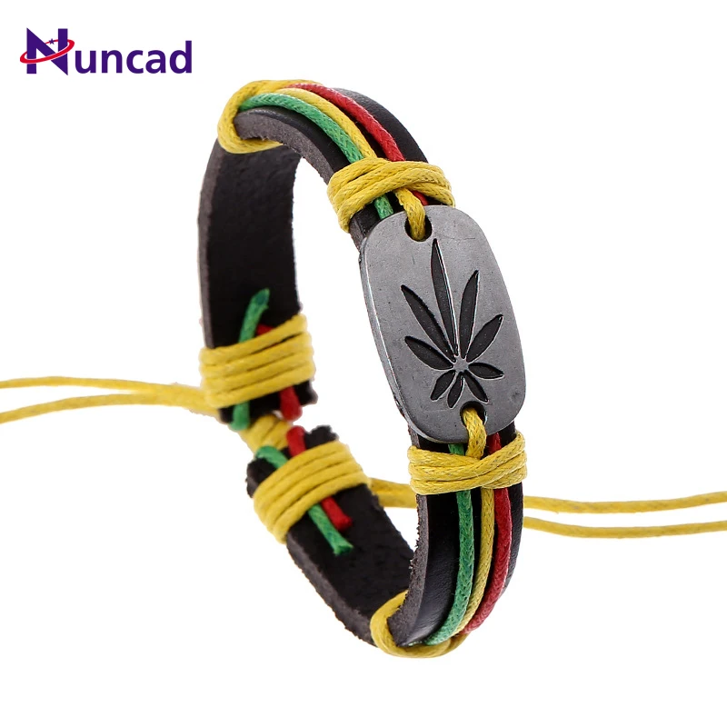 

Popular Jamaica Red Yellow Green Genuine Leather All-match Bracelet Wrist Men Rope Hiphop Gift masculino Braceletes
