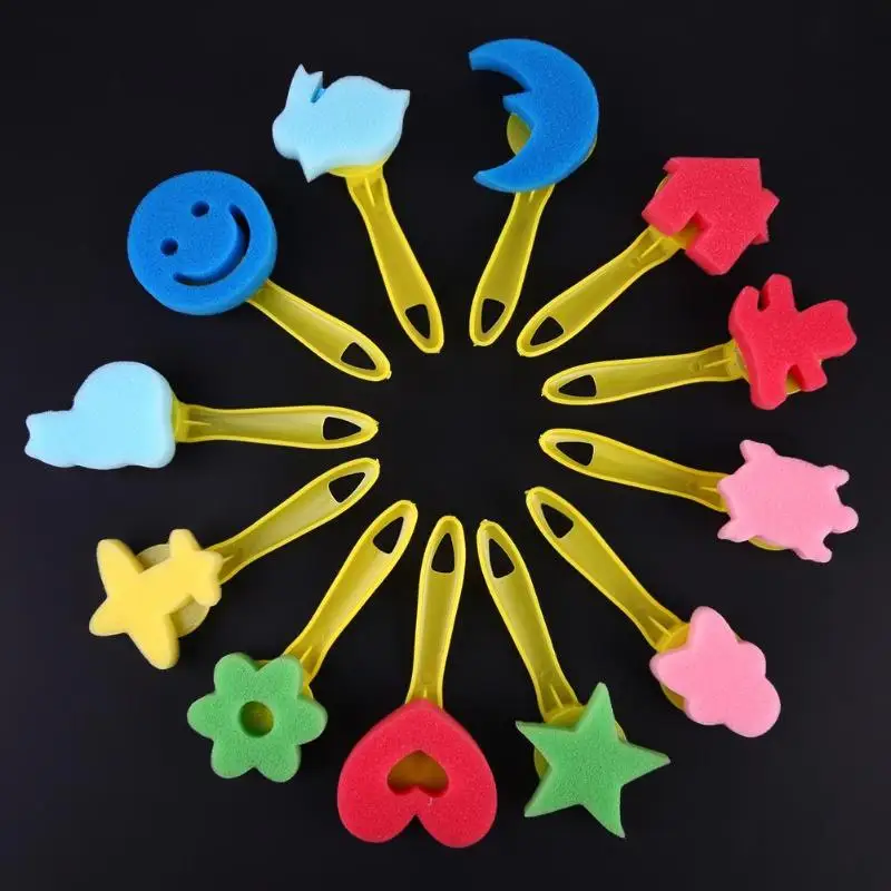 Kopen 12 stks set DIY Kinderen Schilderen Spons Gemengde Patroon Gekleurde Plastic Handvat Borstels Kids Graffiti Speelgoed Tekening Art Supplies