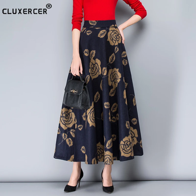 Long Skirt Women Autumn Winter Fashion Vintage Warm Wool Skirt High