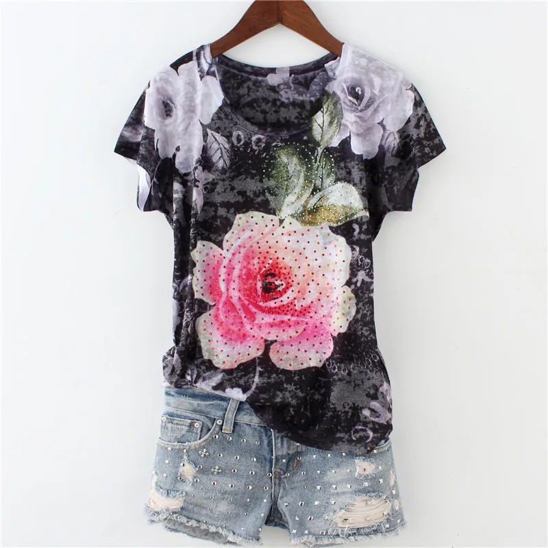 

Fashion hot drilling rose double print t shirt women 2018 new arrival short sleeve silk cotton thin M-4XL
