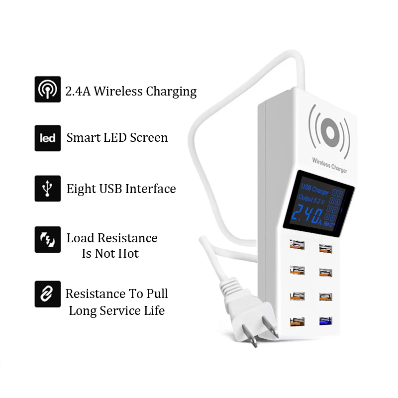 QI Wireless Charger Quick Charge 3.0 Led Display 8-Port Smart USB Charger Power Adapter For Xiaomi Samsung iPhone Fast Charger