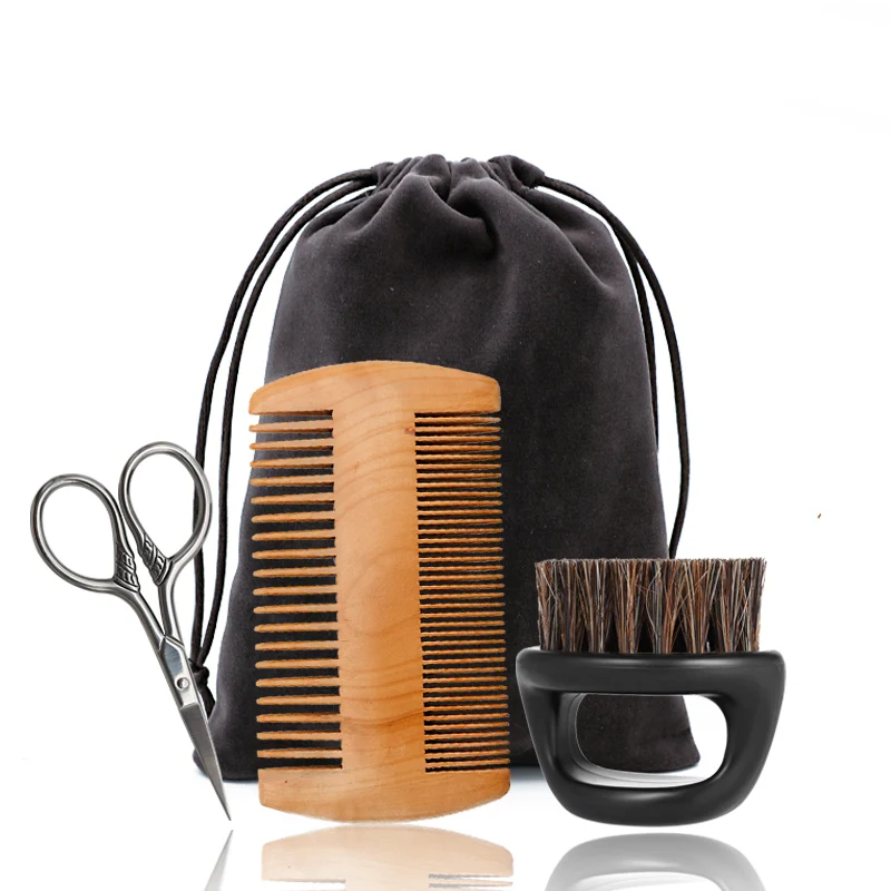 

Men Beard Shaving Set Beard Grooming Gift Set Small Round Mustache Brush Wood Comb Stainless Steel Scissor