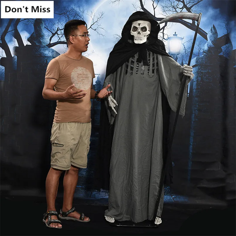 

Horror Props Electric Grim Reaper Ghost Make Horror Voice Light Up Creepy Eyes Shake Sickle Halloween Decoration Ghost Doll Toy