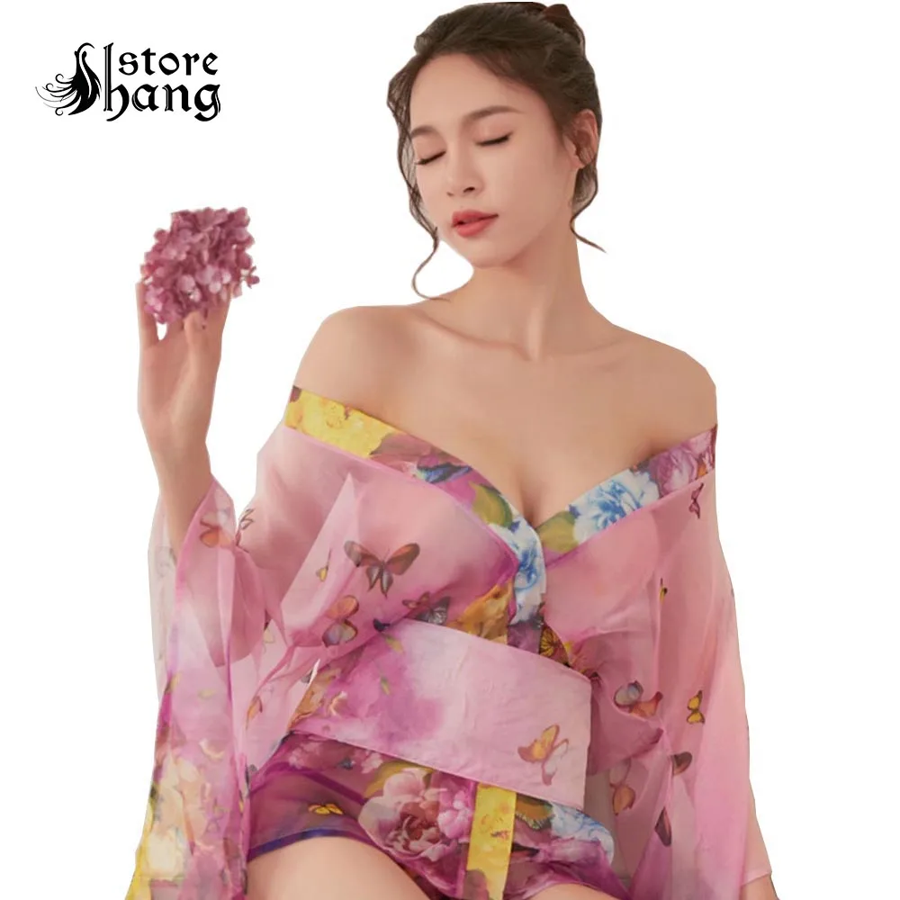 

Women Sakura Chiffon Kimono Japanese Sexy Floral Robe Nightgown Sleepwear Yukata Elegant Casual Spa Robes Short Dress