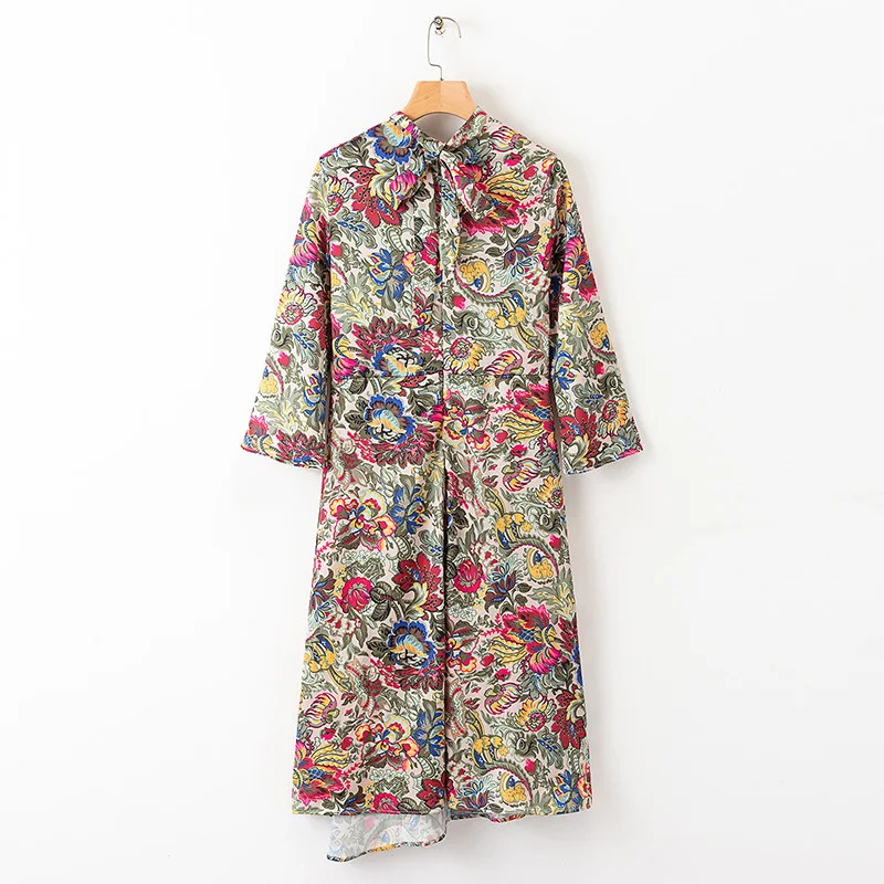 

Floral Printed Long Dresses Women Fashion Long Sleeve Dress Women Elegant Tie Belt Collar Loose Dress Female Ladies BR09