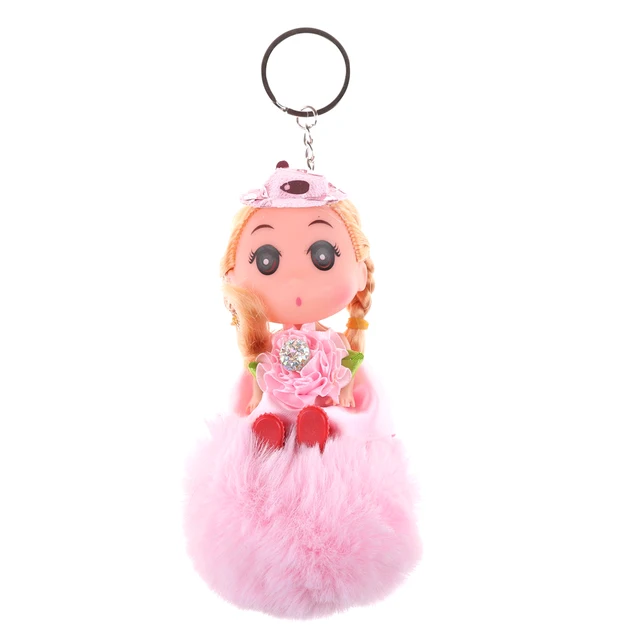 Buy 18cm length Cute Girl Toy Barbie Doll Faux Fur Ball Keychain Pompom Key
