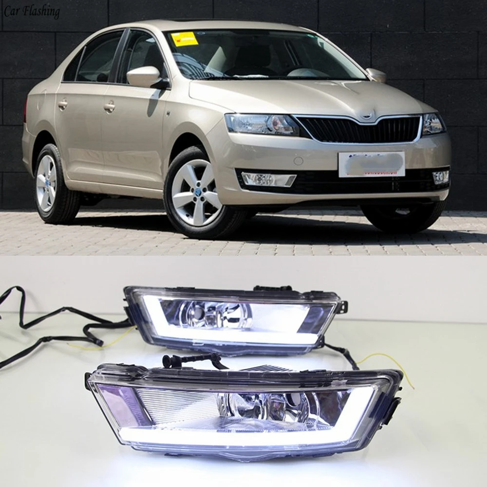 

Car Flashing 1 Set 12V LED DRL Daytime Running Light Daylight With Yellow Turn Signal For Skoda Rapid 2013 2014 2015 2016 2017