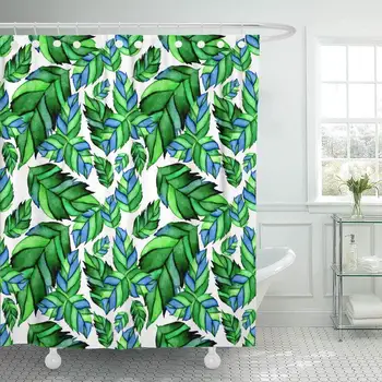 

Shower Curtain with Hooks Blue Beautiful Watercolor Leaves Colorful Black Bud Burgeon Color Contrast Drawing Decorative Bathroom