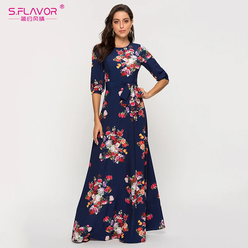 Женское длинное платье-трапеция S.FLAVOR, элегантное винтажное темно-синее платье макси с цветочным принтом, повседневное и праздничное простое платье с круглым вырезом
